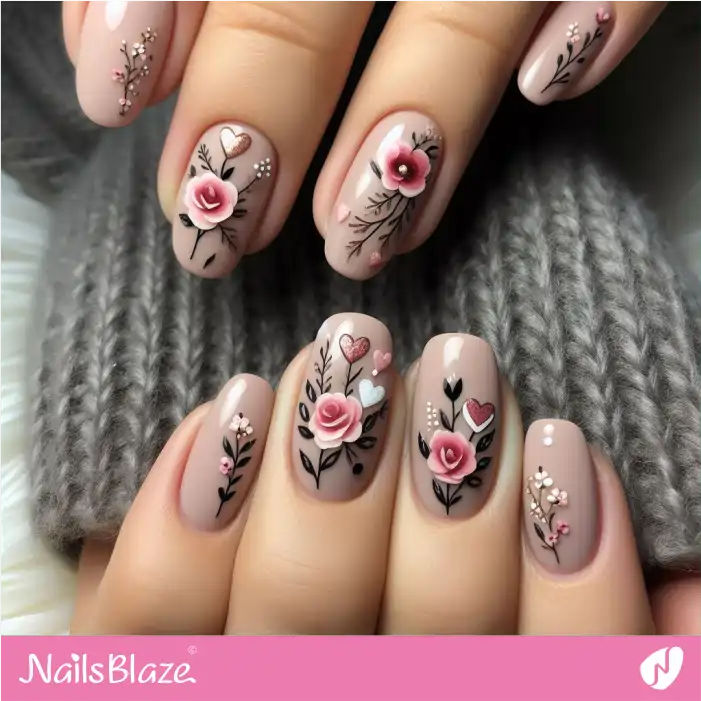 Pink Roses Nails Design | Valentine Nails - NB2100